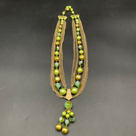 Vintage Gold Tone Multi Strand Green Bead Tassel Necklace Mid Century Style