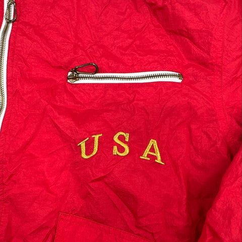 Vintage 90s East West Men's Red USA Patriotic Hooded Windbreaker Jacket M