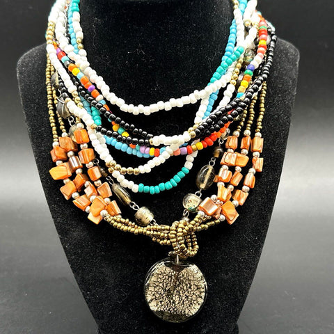 Bohemian Beaded Multi-Strand Statement Necklace Lot of 2 Silver Tone Pendants