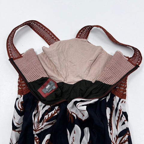Anthropologie Women's Black Brown Leaf Print Embroidered Bodice Halter Dress 16P