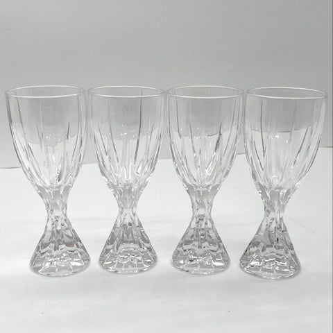 Pressed Glass Crystal Goblet Set 4 Twisted Stem Faceted Starburst Base 7.25"