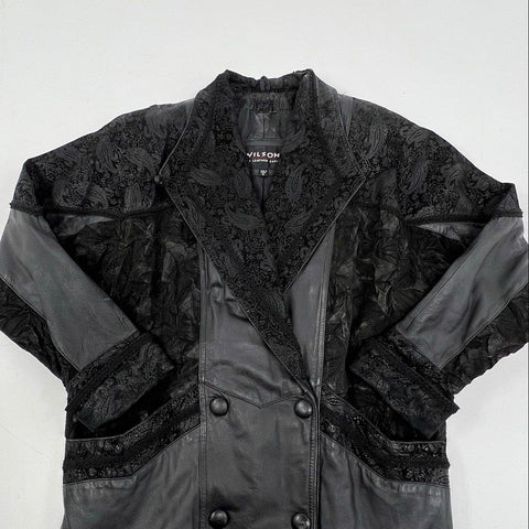 Vintage 90s Wilsons Leather Paisley Textured Double Breasted Long Jacket Sz S