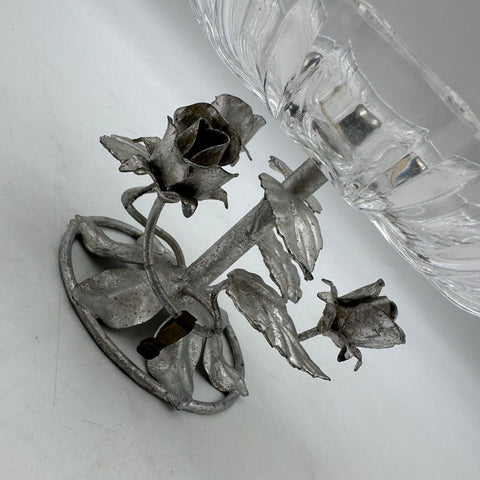 Vintage Handcut Lead Crystal Compote Bowl Rose Metal Stand Western Germany 6.5in