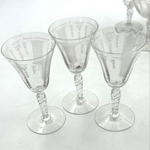 Fostoria Etched Glass 9 Piece Set Crystal Tapered Goblets Champagne Wine Vintage