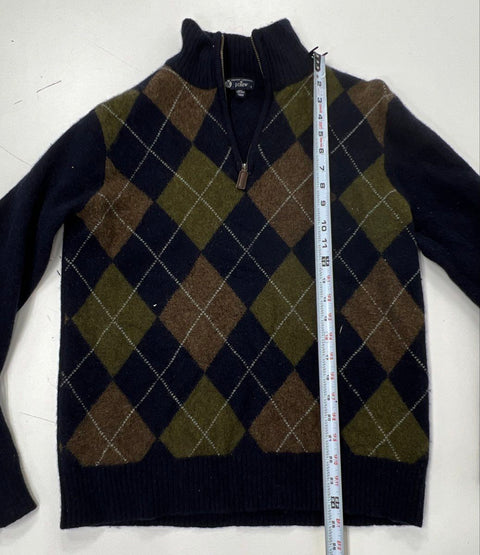 J. Crew Men's Navy Argyle 100% Lambswool Quarter Zip Sweater Elbow Patches Sz L