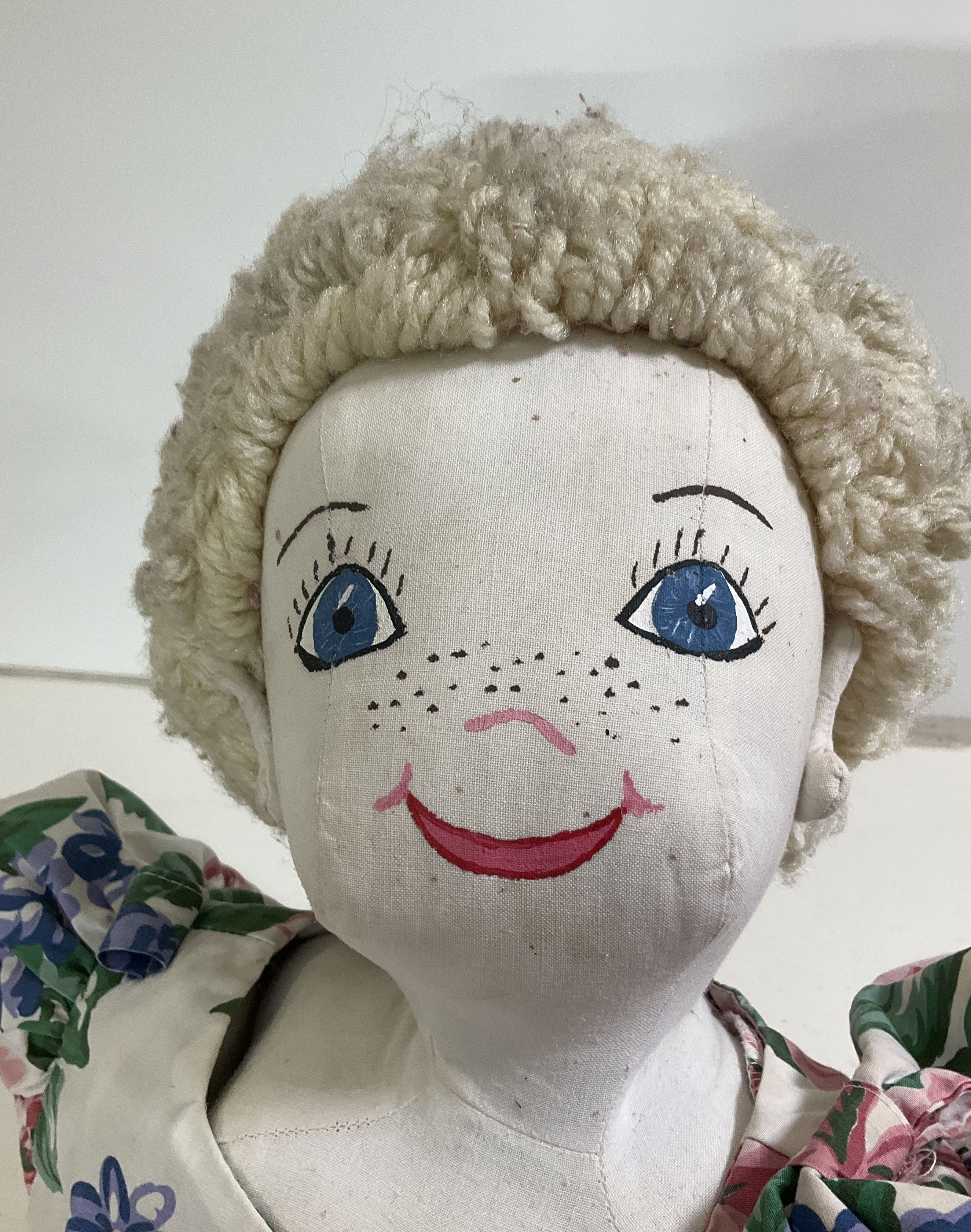 Vintage Handsewn Folk Art Cloth Rag Doll 16" Painted Face Floral Dress
