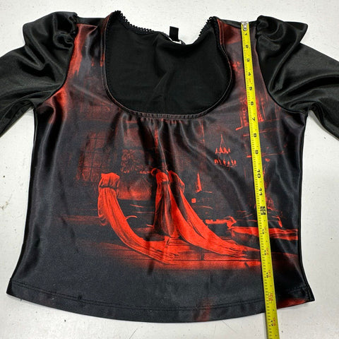 Widow Women's Gothic Graphic Puff Sleeve Scoop Neck Long Sleeve Shirt Black Sz S