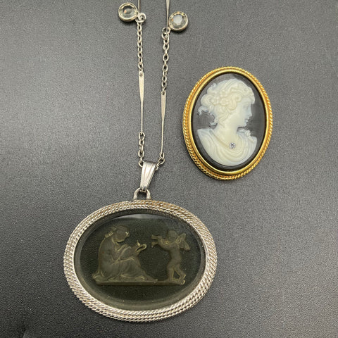 Avon Cameo & Cupid Glass Intaglio Vintage Brooch Necklace Jewelry Lot of 2