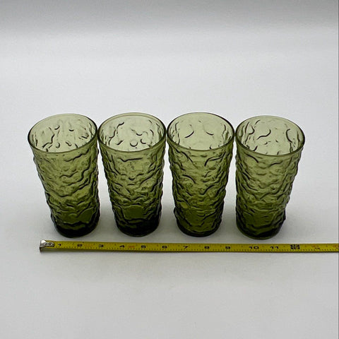 Pressed Glass Olive Green Juice Tumblers 4 Piece Set Textured Bark Vintage