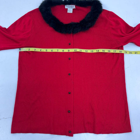 Due per Due Women's Red 100% Silk Cardigan Black Fur Trim Vintage Sz L