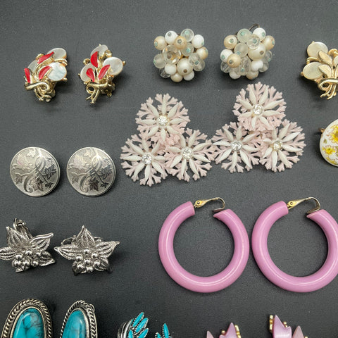 Vintage Costume Jewelry Lot of 20 Pairs Clip On Earrings Rhinestone Lucite