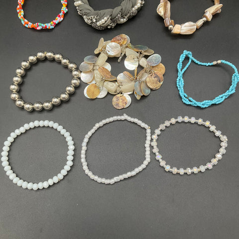Eclectic Fashion Costume Jewelry Lot of 12 Bracelets Beaded Shell Cuff Wrap Boho