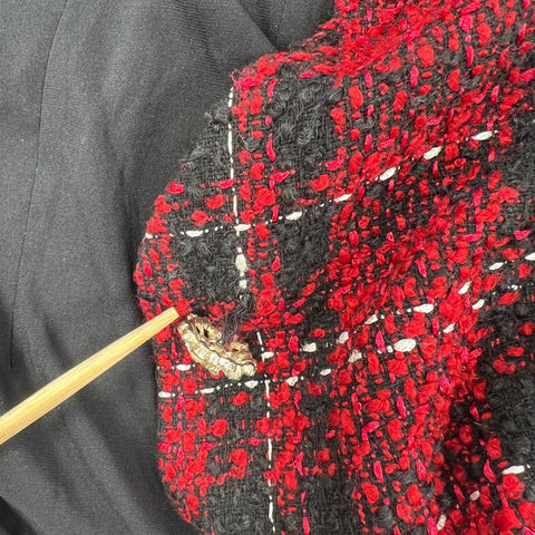 NBD Women's Red Black Plaid Tweed Crystal Button Blazer Jacket Sz M