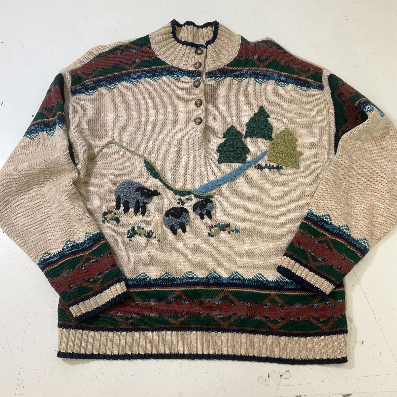 Croft & Barrow Beige Hand Embroidered Mock Neck Sheep Sweater Women's S Vintage