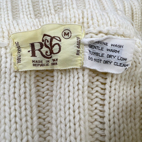 Vintage 90s RSG Women's Cream Cable Knit Chunky Cardigan Sweater Pockets Sz M