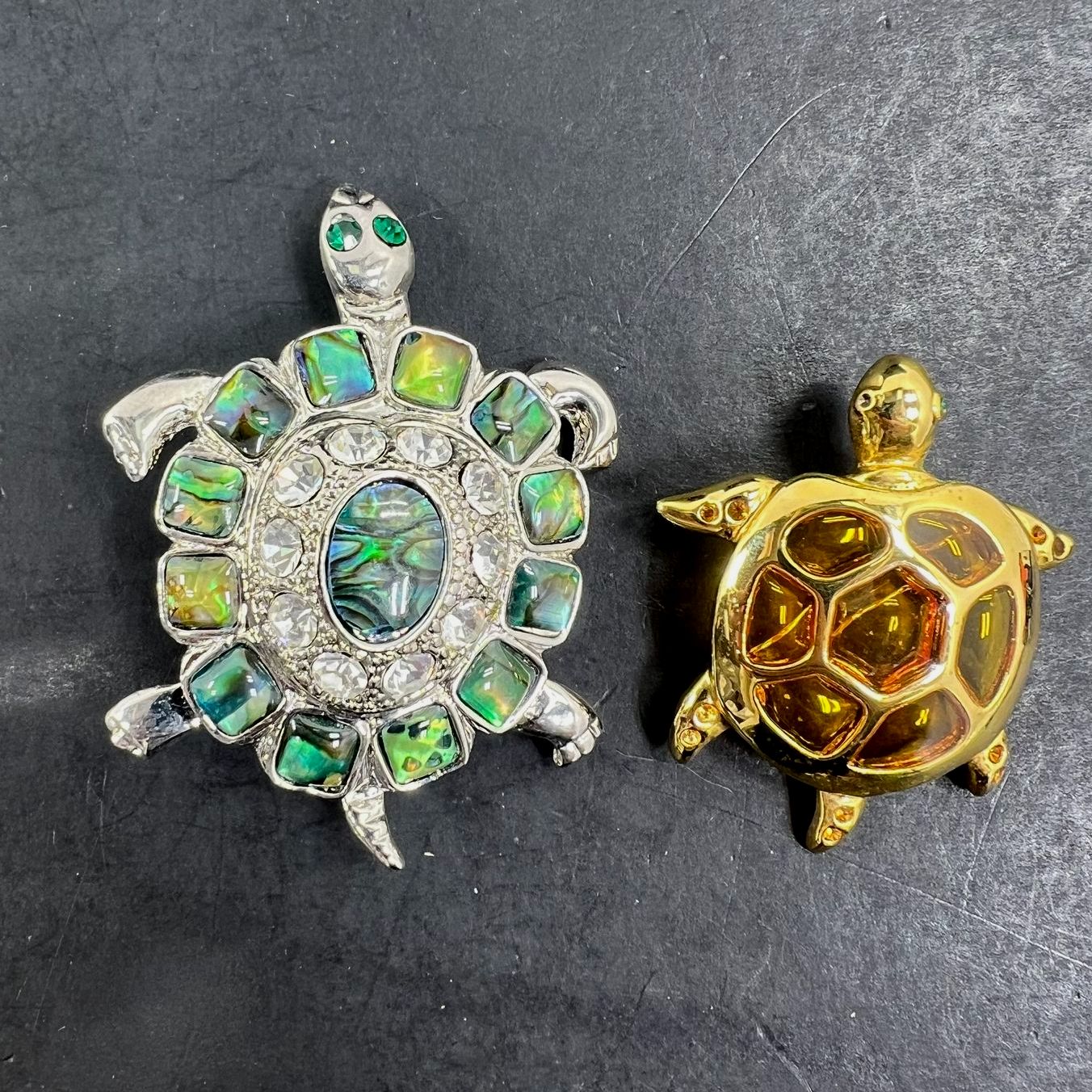 Lot of 2 Turtle Brooches. Bejeweled Silver and Gold Tone