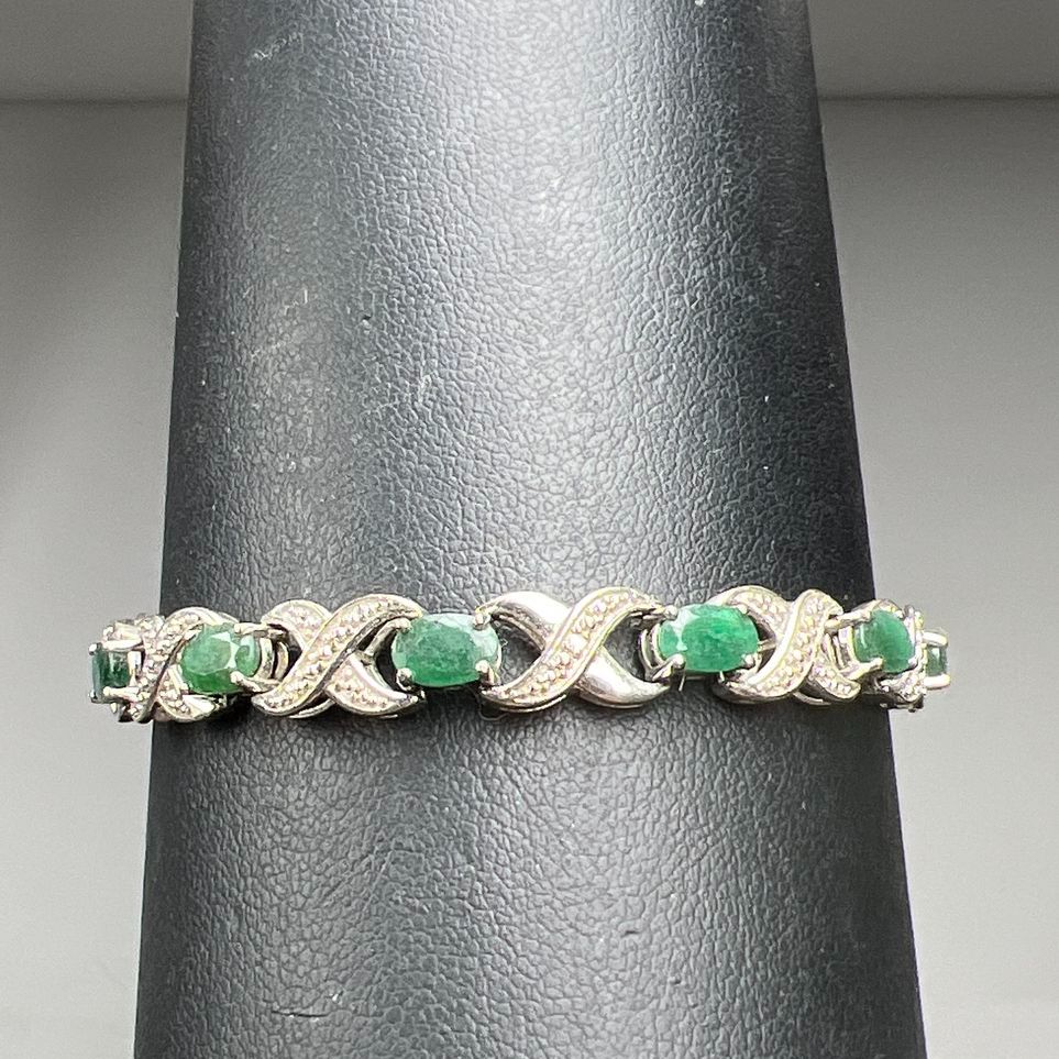 Sterling Silver Green Stone & Diamond Accent Tennis Bracelet 12.3g