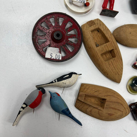 Vintage 23pc Miniature Lot Carved Birds Cast Iron Wheel Lead Soldier Dollhouse