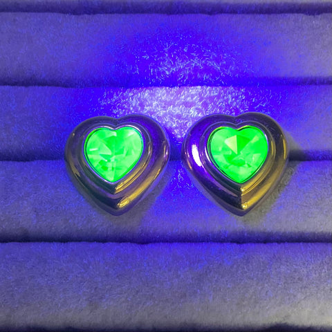 Vintage Avon Gold Tone UV Reactive Green Heart Faceted Stone Stud Earrings
