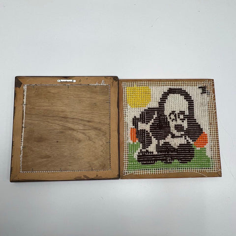 Vintage 70s Latch Hook Framed Wall Art Lot Raccoon & Panda Bear Folk Art