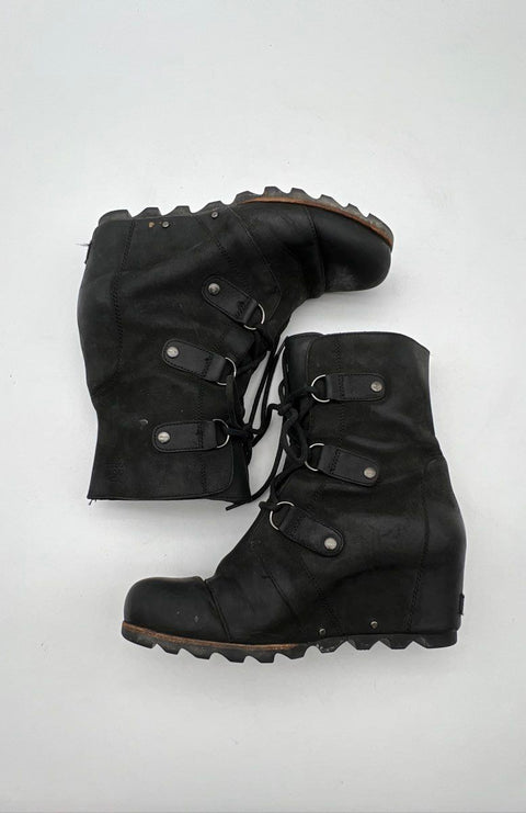 Sorel Joan of Arctic Wedge Mid Black Leather Women's Boots Size 12