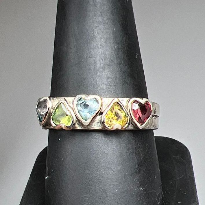 925 Sterling Silver Nesting Heart Gemstone Ring Size 8