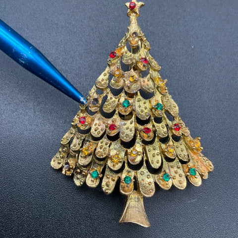 Vintage Christmas Tree Brooch Lot 5 Gold Tone Rhinestone Enamel Holiday Pins