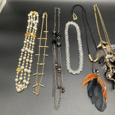Vintage to Modern Costume Jewelry Lot 11 Necklaces Feather Faux Pearl Boho Style
