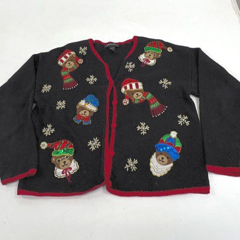 Vintage 90s Work in Progress Teddy Bear Ugly Christmas Cardigan Sweater Womens L