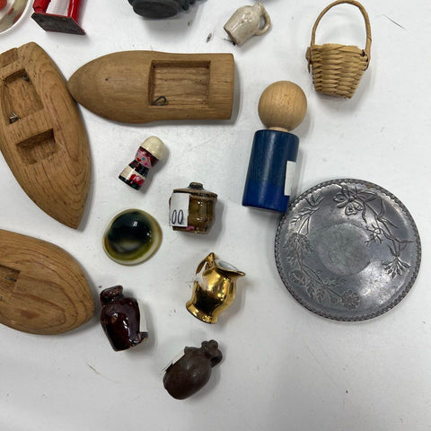 Vintage 23pc Miniature Lot Carved Birds Cast Iron Wheel Lead Soldier Dollhouse