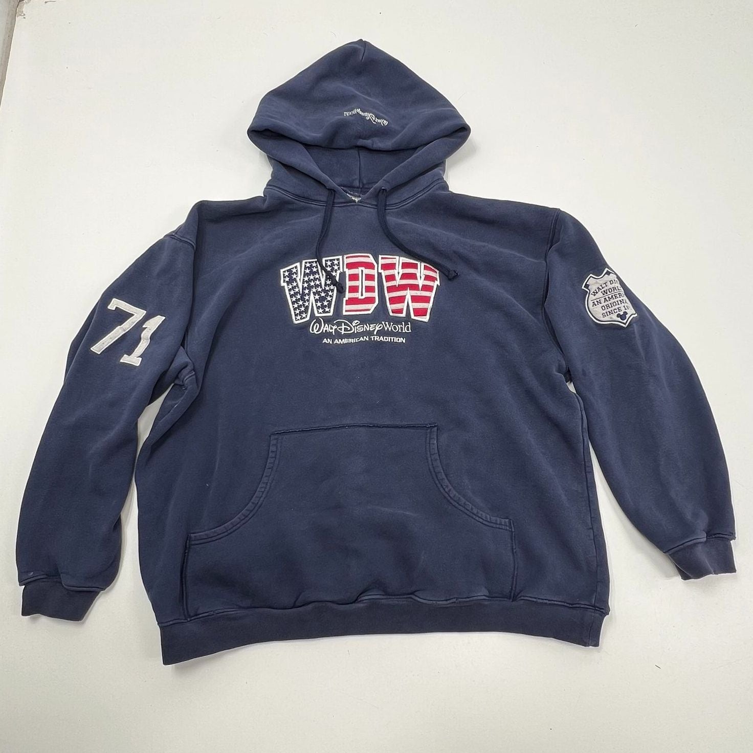 Vintage Y2K Walt Disney World Blue Embroidered WDW American Flag Hoodie Mens XL