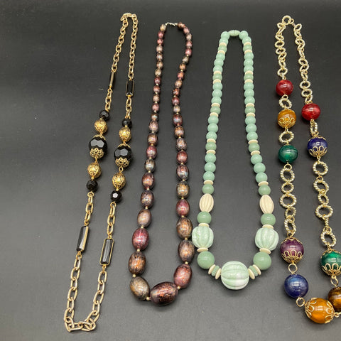 Vintage Beaded Jewelry Lot 5 Necklaces & Charm Bracelet Gold Tone Carved Beads