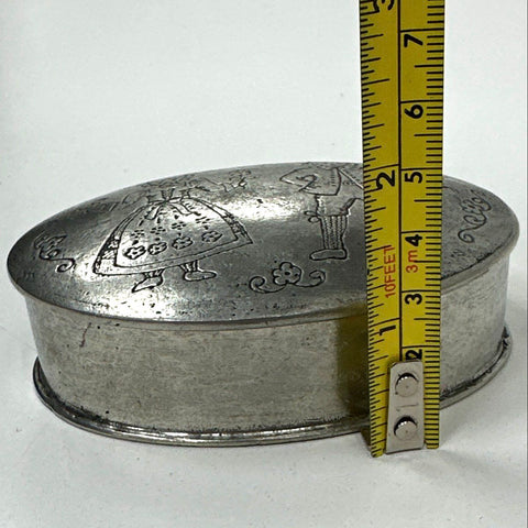Rein Zinn Pewter Trinket Box German Folk Art Boy Girl Etched Scene Vintage