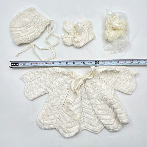 Vintage Crochet Knit Baby Layette Set Sweater Bonnet Booties White Sz 0-3M
