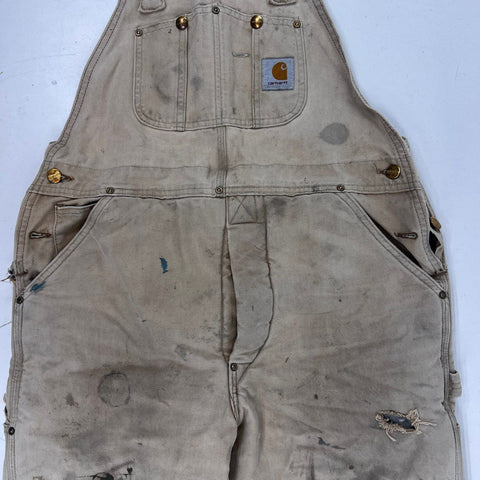 Vintage 90s Carhartt Quilt-Lined Double Knee Bib Overalls Distressed Sz 34x30