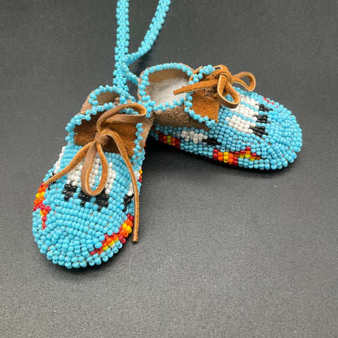 Vintage Miniature Beaded Moccasin Necklace Suede Bootie Turquoise Blue 17"