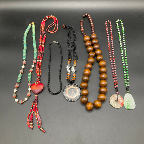 Boho Beaded Necklace Lot 7 Pieces Wood Stone Resin Pendants Multi-strand
