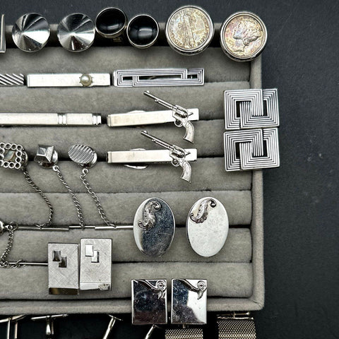 Vintage Mens Jewelry Lot Cufflinks Tie Bars Tacks Silver Tone Retro 40+ Pieces