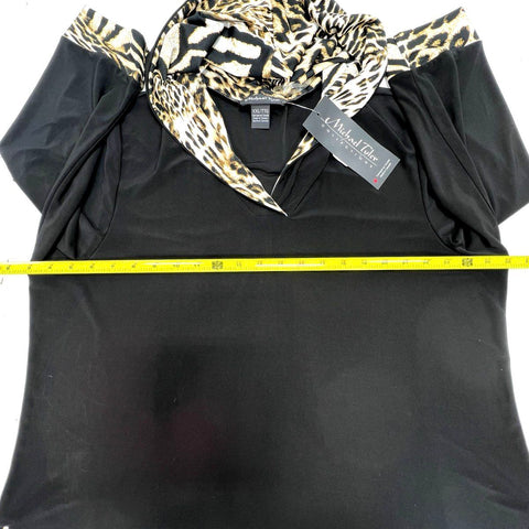 Michael Tyler Women's Black Hooded 3/4 Sleeve Leopard Print Trim Top NWT XXL