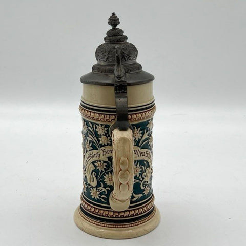 Vintage Beer Stein Salzburg Austria Relief Ceramic Stoneware Pewter Lid 10 Inch