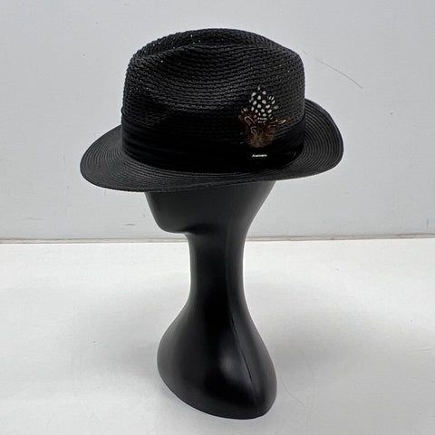 Stacy Adams Men's Black Braided Woven Fedora Hat Feather Trim Sz M