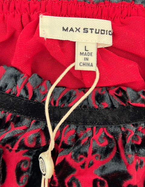 Max Studio Women's Red Black Burnout Velvet Scroll High Neck Halter Top Sz L NWT