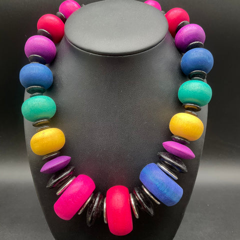 Chunky Multicolor Wood Bead Necklace Kidcore Teachercore Bold Statement 22"