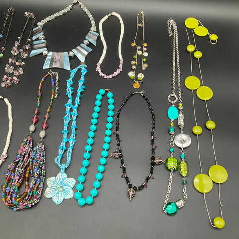 Vintage to Modern Costume Jewelry Lot 1 lb Beaded Shell Statement Necklaces 12pc