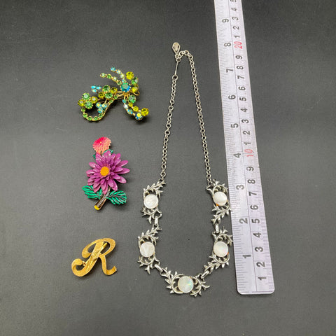 Vintage Costume Jewelry Lot 4pc Manselle Austria Rhinestone Enamel Flower Brooch
