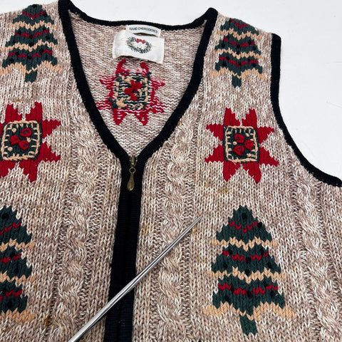 Christopher & Banks Women's Christmas Sweater Vest Tan Hand Embroidered Zip Up