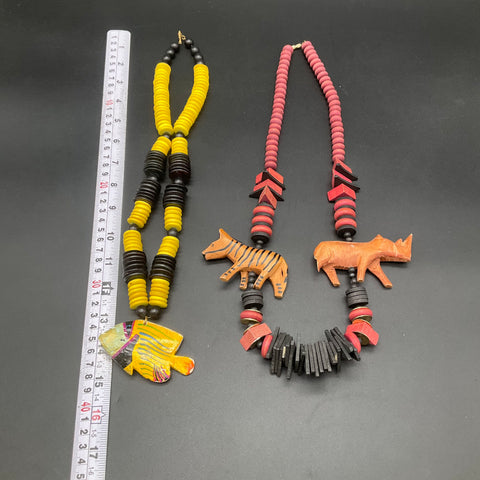 Vintage Hand Carved Wood Animal & Painted Fish Charm Necklaces Jewelry Lot of 2