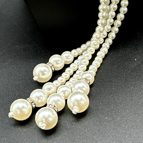 Faux Pearl Jewelry Lot 3pc Multi-Strand Lariat Triple Strand Necklace Bracelet