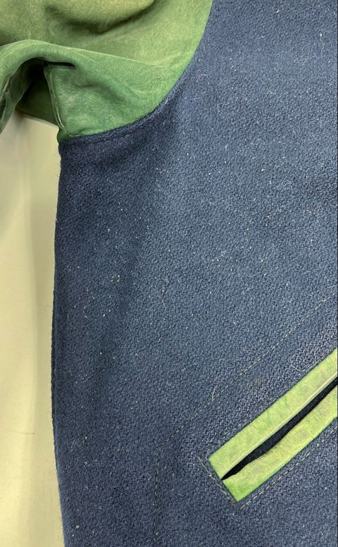 Vintage 90s Dehen Men's Blue Wool Leather Sleeve Varsity Jacket XL Embroidered