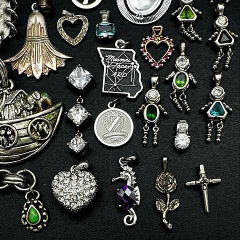 Silver Tone Pendants Jewelry Lot 32 Pcs Hearts Crosses Figures Noah's Ark